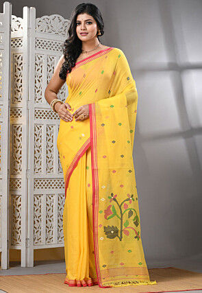 Handloom Jamdani Pure Cotton Saree in Yellow