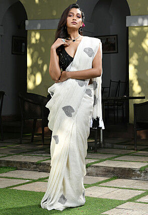 Handloom Jamdani Pure Linen Saree in Off White