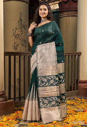 Handloom Jamdani Pure Matka Silk Saree in Dark Green