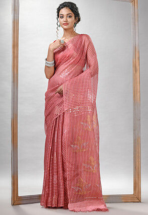 Handloom Jamdani Pure Matka Silk Saree in Dark Peach