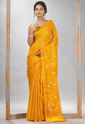 Handloom Jamdani Pure Matka Silk Saree in Dark Yellow