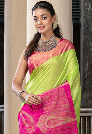 Handloom Jamdani Pure Matka Silk Saree in Light Green