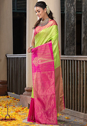 Handloom Jamdani Pure Matka Silk Saree in Light Green