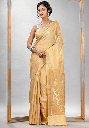 Handloom Jamdani Pure Matka Silk Saree in Light Mustard