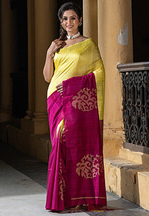 Handloom Jamdani Pure Matka Silk Saree in Light Yellow and Magenta