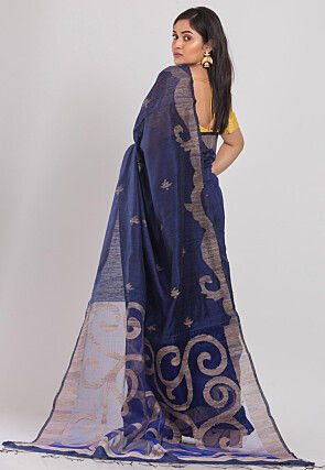Handloom Jamdani Pure Matka Silk Saree in Navy Blue