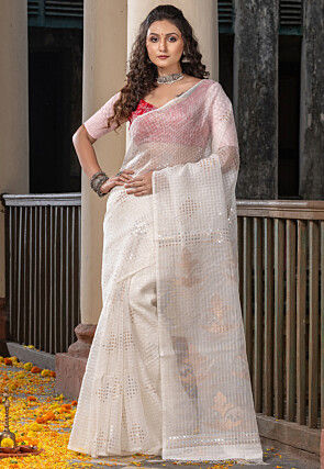 Handloom Jamdani Pure Matka Silk Saree in Off White