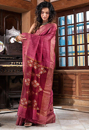 Handloom Jamdani Pure Matka Silk Saree in Old Rose