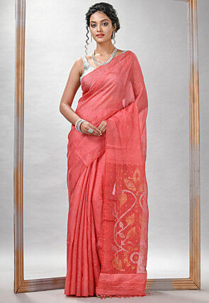 Handloom Jamdani Pure Matka Silk Saree in Peach Orange