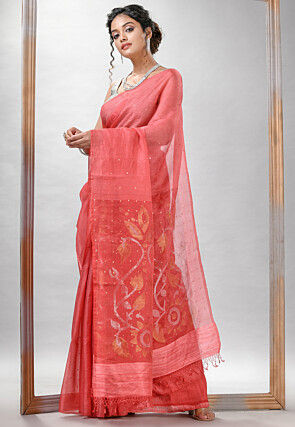 Handloom Jamdani Pure Matka Silk Saree in Peach Orange