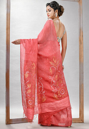 Handloom Jamdani Pure Matka Silk Saree in Peach Orange