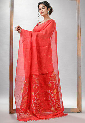 Handloom Jamdani Pure Matka Silk Saree in Red