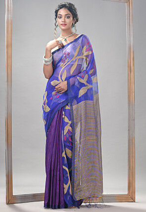 Handloom Jamdani Pure Matka Silk Saree in Royal Blue and Purple