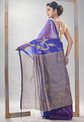 Handloom Jamdani Pure Matka Silk Saree in Royal Blue and Purple