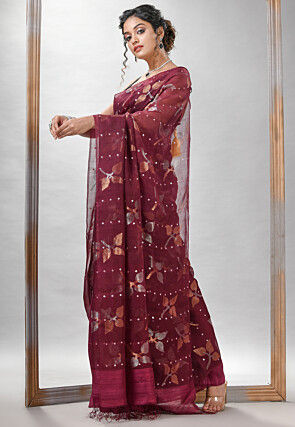 Handloom Jamdani Pure Matka Silk Saree in Wine