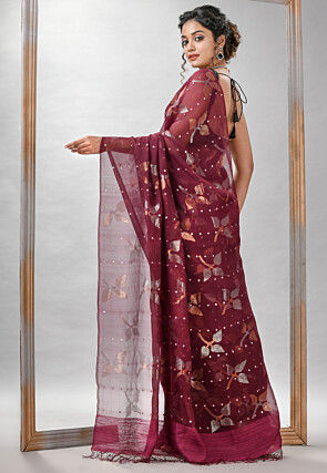 Handloom Jamdani Pure Matka Silk Saree in Wine