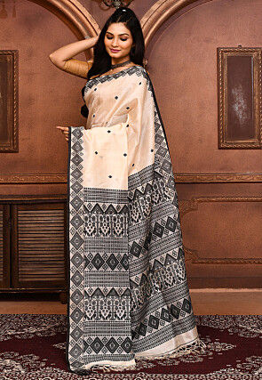 Handloom Jamdani Pure Tussar Silk Saree in Cream