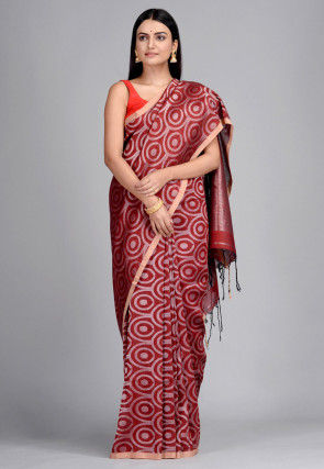 Handloom Linen Cotton Saree in Maroon