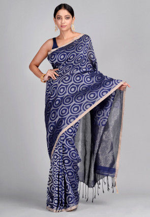 Handloom Linen Cotton Saree in Navy Blue