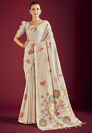 Handloom Linen Cotton Saree in Off White
