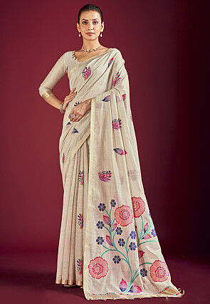Handloom Linen Cotton Saree in Off White