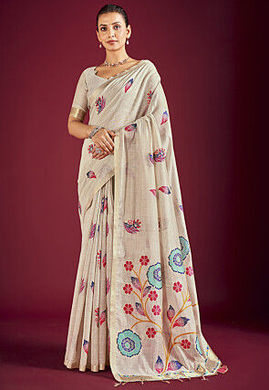 Handloom Linen Cotton Saree in Off White