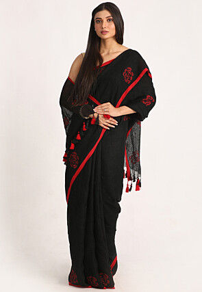 Handloom Linen Jamdani Saree in Black