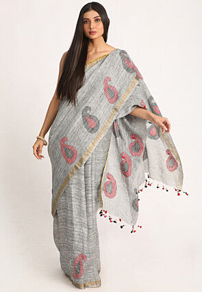 Handloom Linen Jamdani Saree in Grey
