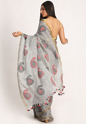Handloom Linen Jamdani Saree in Grey