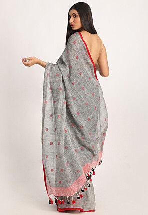 Handloom Linen Jamdani Saree in Grey