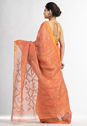 Handloom Linen Jamdani Saree in Peach