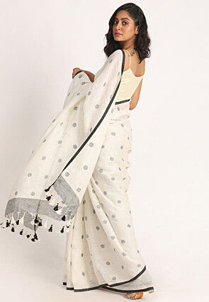 Handloom Linen Jamdani Saree in White