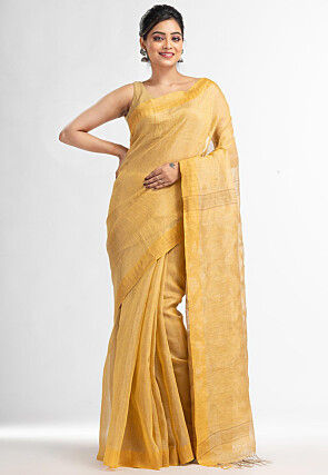 Handloom Linen Jamdani Saree in Yellow