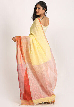 Handloom Linen Jamdani Saree in Yellow