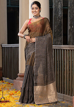 Handloom Linen Saree in Antique and Charcoal Black