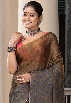 Handloom Linen Saree in Antique and Charcoal Black