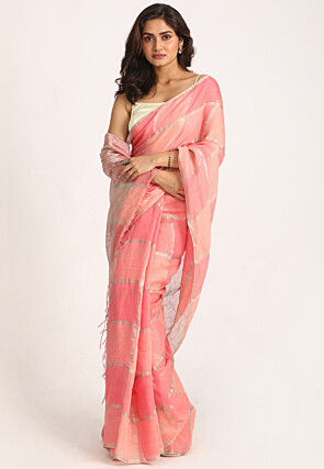 Handloom Linen Saree in Baby Pink