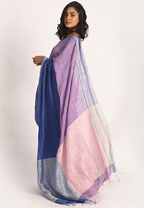 Handloom Linen Saree in Blue and Purple
