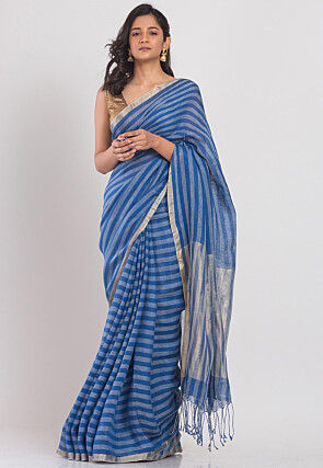 Handloom Linen Saree in Blue