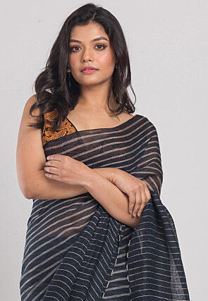 Handloom Linen Saree in Bluish Grey