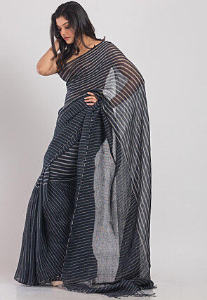 Handloom Linen Saree in Bluish Grey