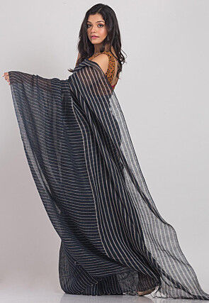 Handloom Linen Saree in Bluish Grey