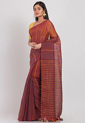 Handloom Linen Saree in Brown