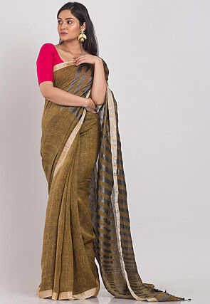 Handloom Linen Saree in Dark Beige