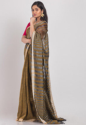Handloom Linen Saree in Dark Beige
