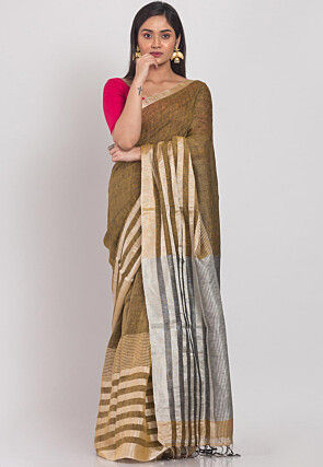 Handloom Linen Saree in Dark Beige