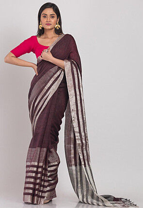 Handloom Linen Saree in Dark Brown