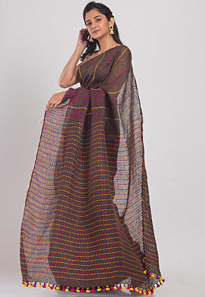 Handloom Linen Saree in Dark Brown