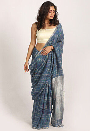 Handloom Linen Saree in Dusty Blue