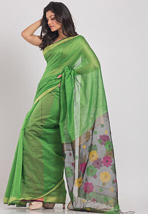 Handloom Linen Saree in Green